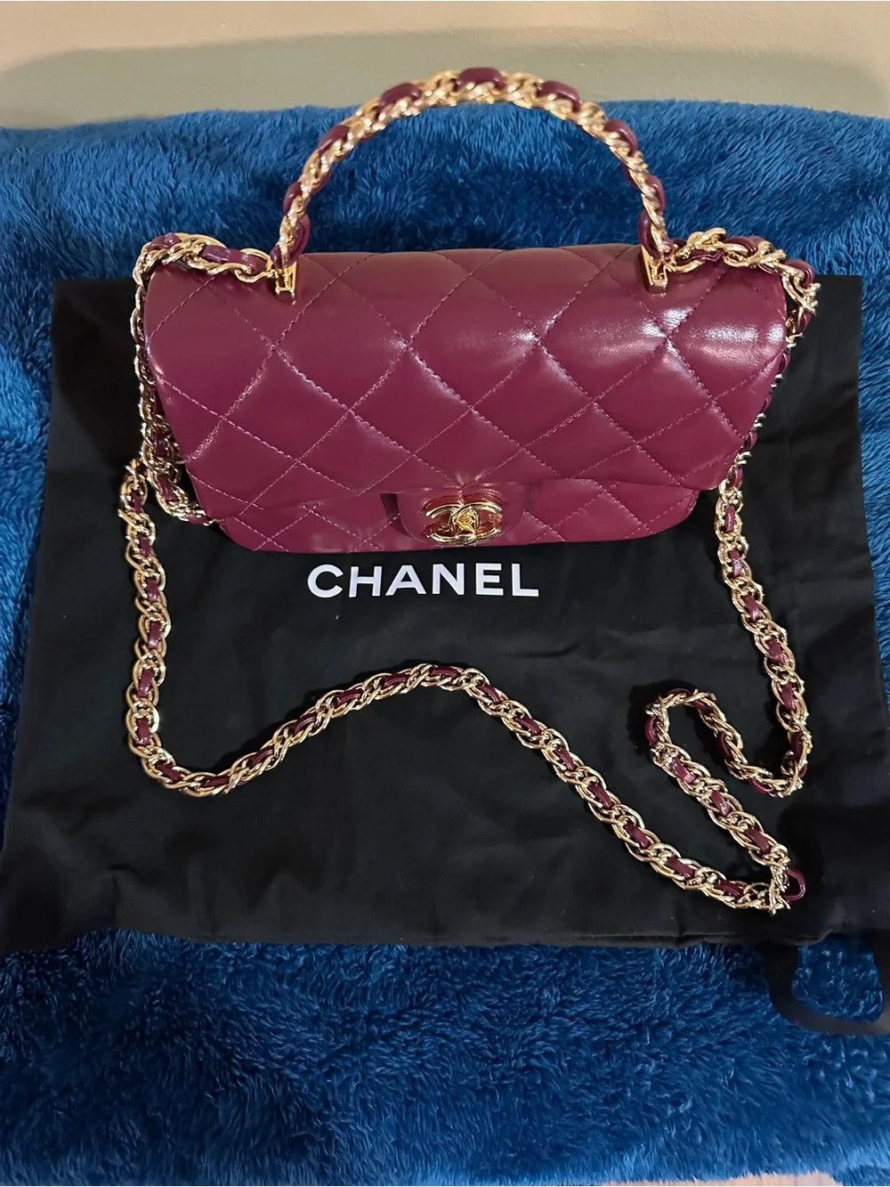 CHANEL Quilted Lambskin Mini Flap Bag in Burgundy with Gold Hardware &Top Handle